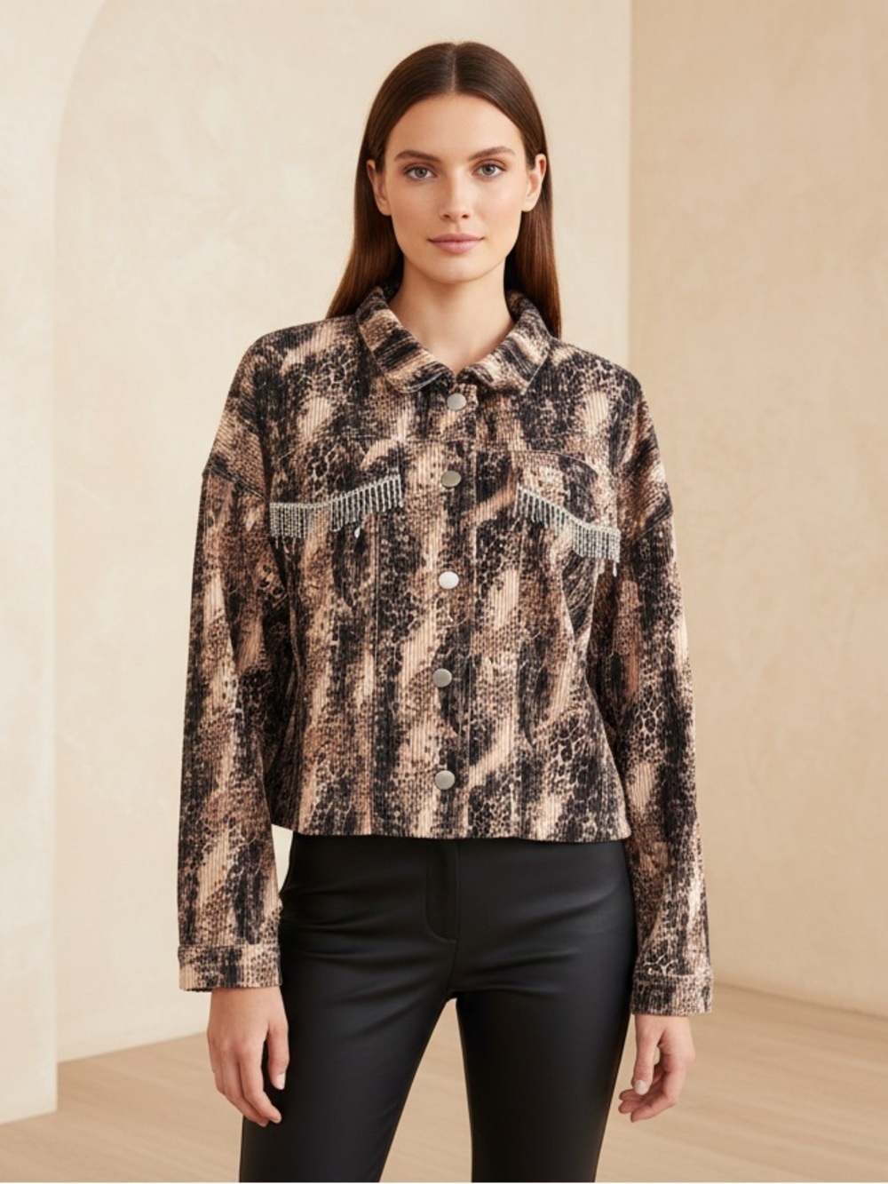 Savanna Jane Cropped Animal Print Jacket With Rhinestone Fringes Western & Boho